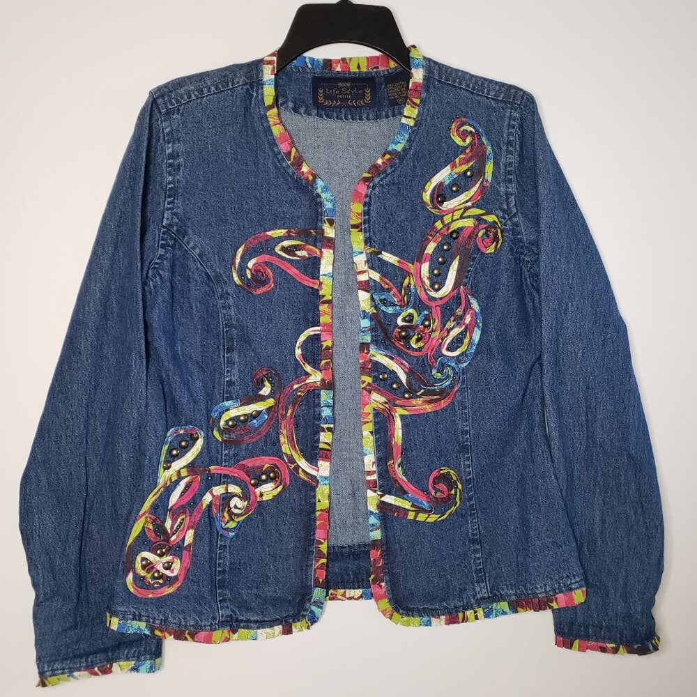 NWOT Vintage Life Style Petit Embroidered Denim Jacket Women's PS Blue Stud Rare